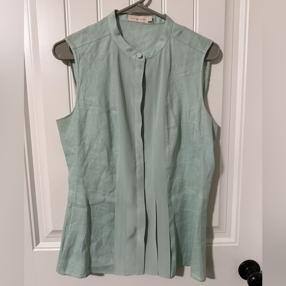Tory Burch Silk & Linen Mint Green Sleeveless Blouse